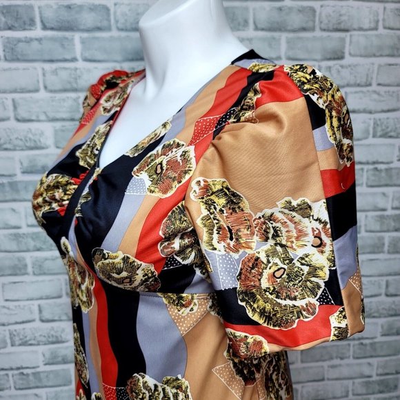 Vintage 50s 60s Dorings XL Abstract Satin Short Sleeve Midi Dress Pinup - Picture 5 of 12